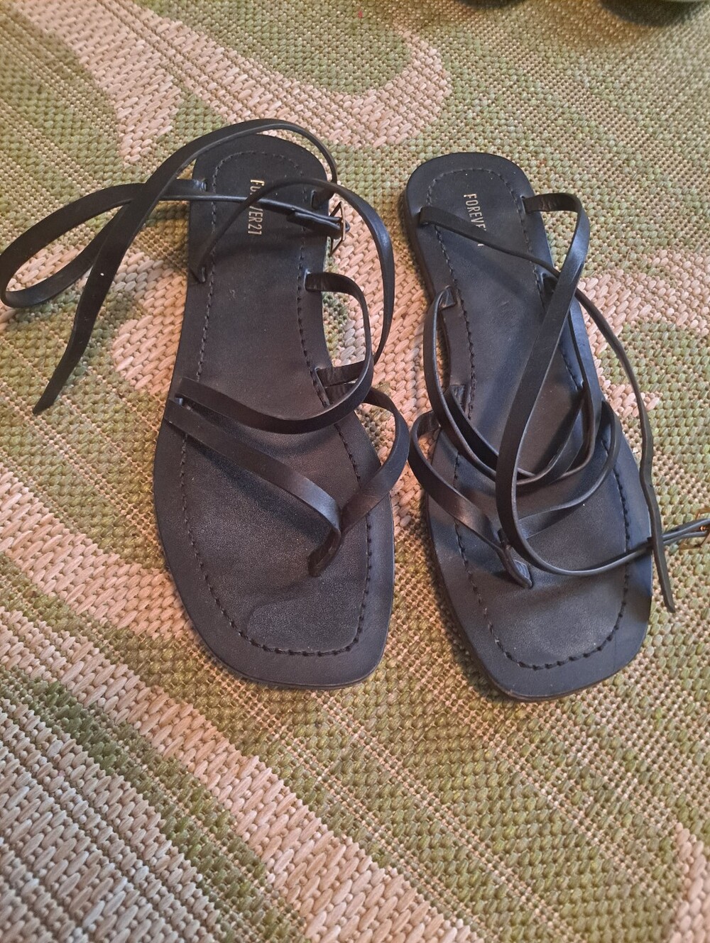 Forever 21 Black Lace-Up Square-Toe Flat Sandals